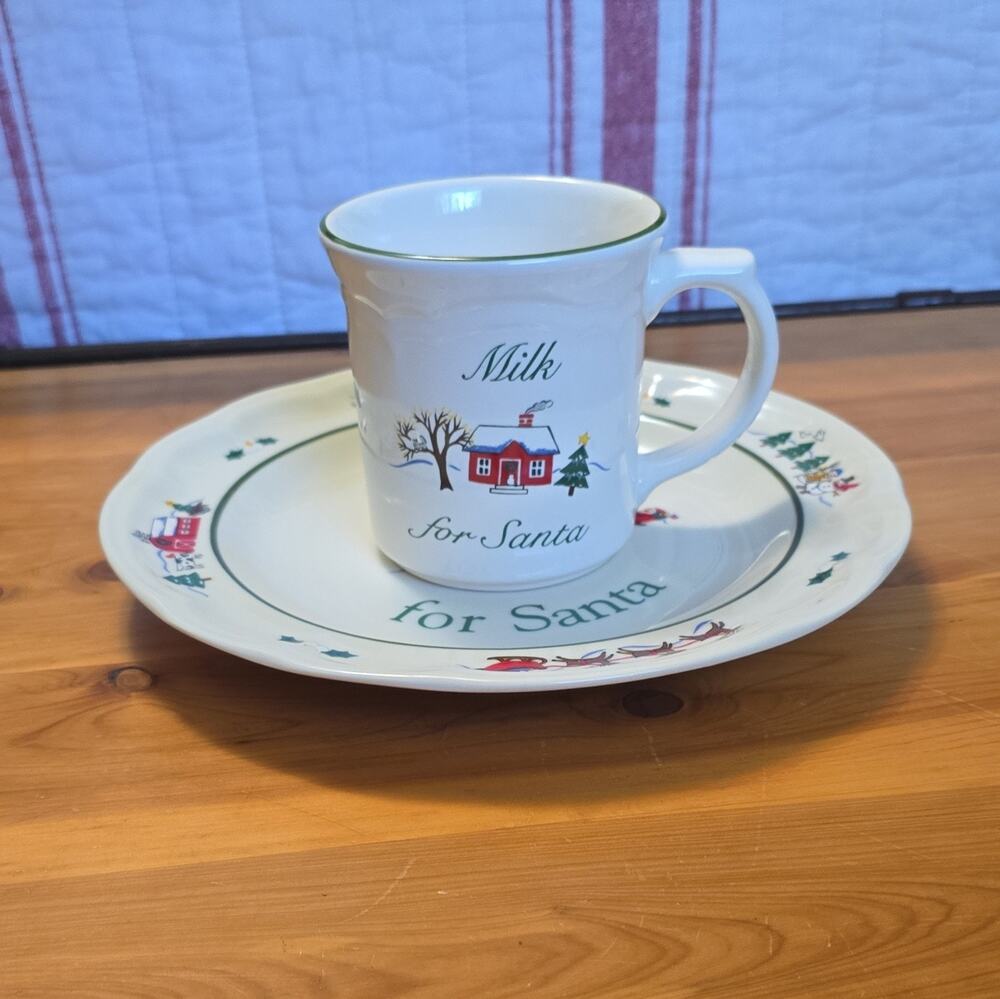 VTG Pfaltzgraff Snow Village 2-Pc Set: 12oz Coffee Mug & Cookies for Santa Plate